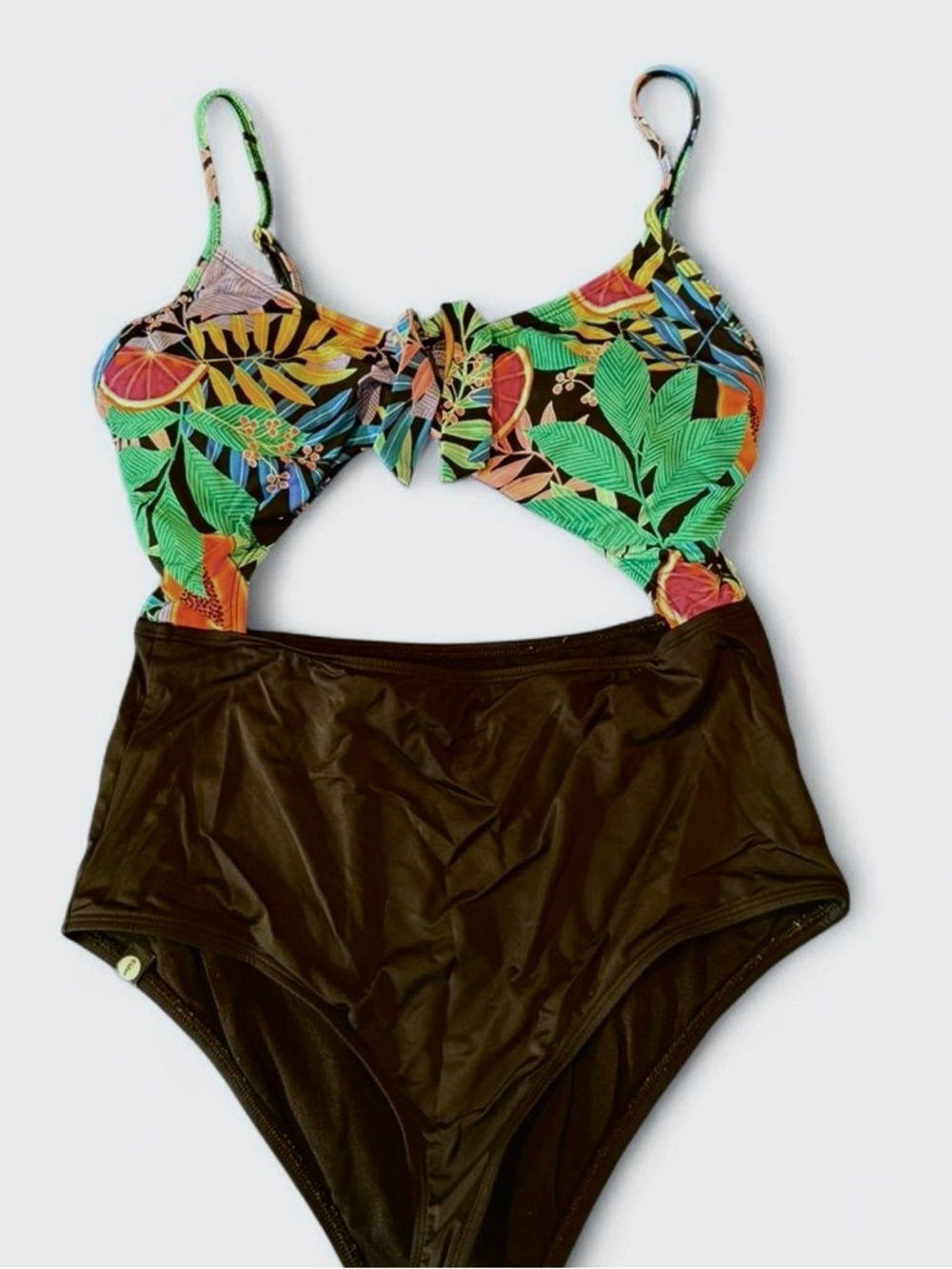 Women’s One-Piece Swimsuit with Tropical Print and Black Bottom